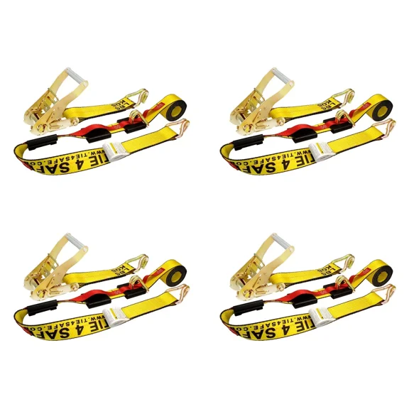 Mega Cargo Control 2" x 10' Over Tire Car Hauler Truck Trailer Auto Ratchet Wire J Hook Tie Down Strap, 4 pack, Yellow