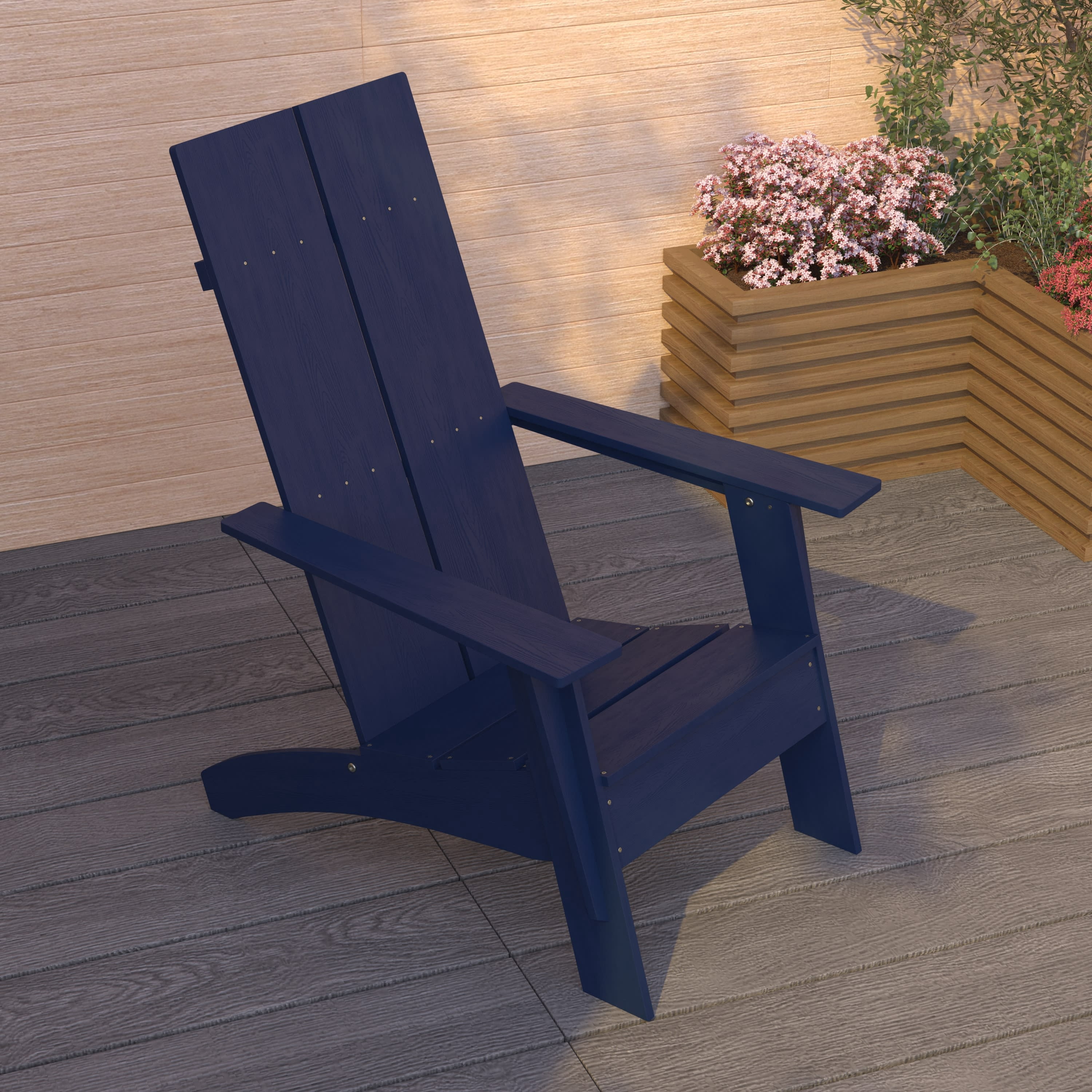 Merrick Lane Modern 2 Slat Back All-Weather Poly Resin Wood Adirondack Chair in Navy