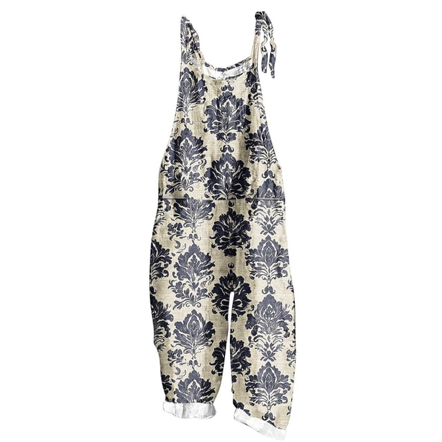 yoeyez Rompers for Women Plus Size,Womens Summer Printed Plus Size Romper Sleeveless Adjustable Straps Backless Jumpsuits With Pockets Multicolor,XL