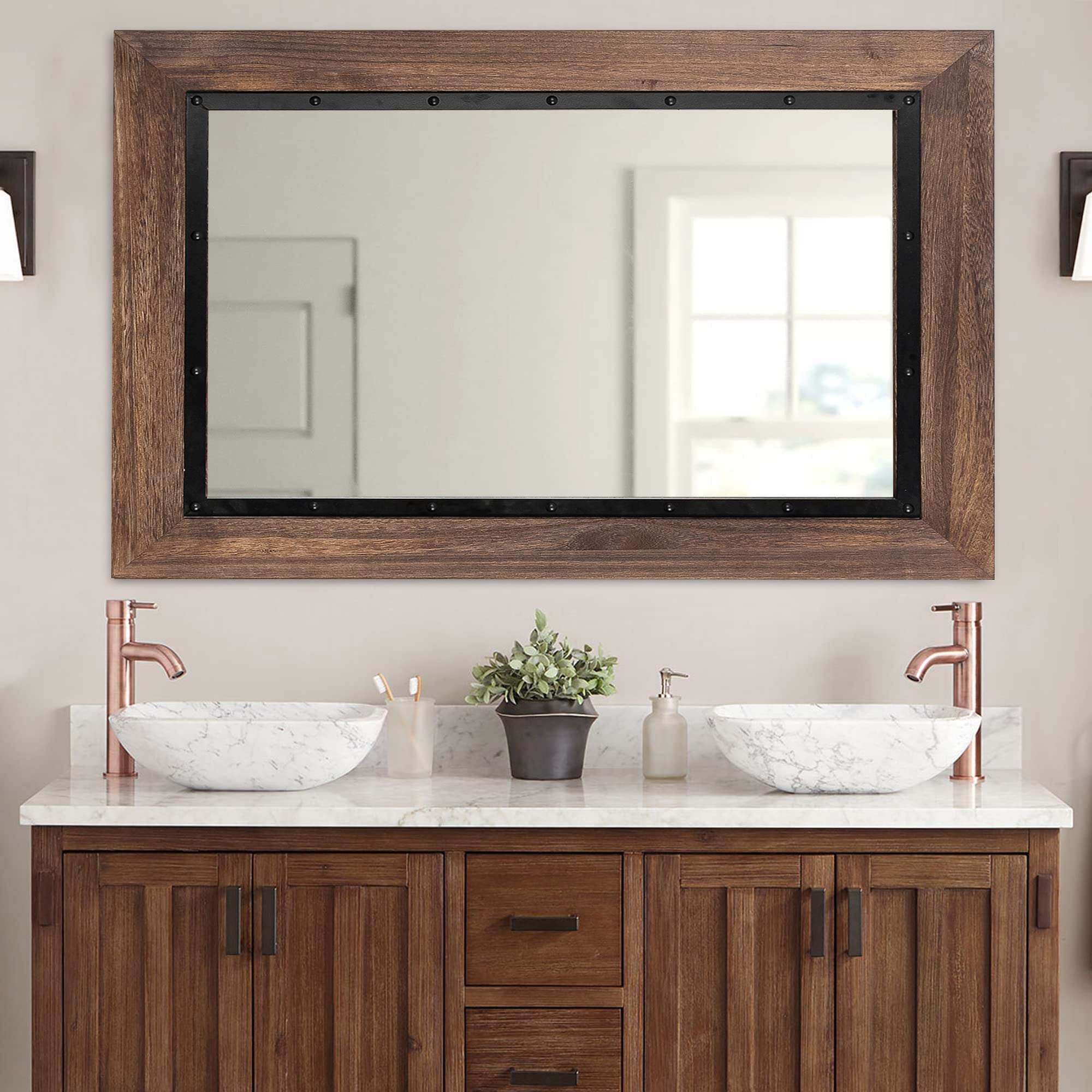 YOSHOOT Rustic Wooden Framed Wall Mirror, Natural Wood and Iron Bathroom Vanity Mirror for