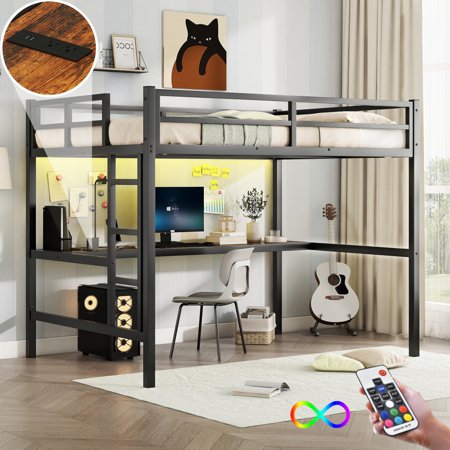 Black Metal Full Size Loft Bed. Space-saving design with power outlet & LED light. Reduces noise for peaceful sleep. Stylish & functional for any room. Maximize space now!