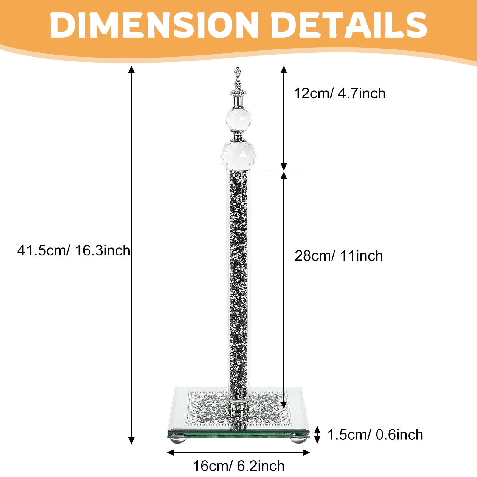 Wanchiy Paper Towel Holder – Crystal Glass with Sparkly Crushed Diamond Effect, Countertop Stand for Kitchen & Bathroom,Gold,Silver,Black