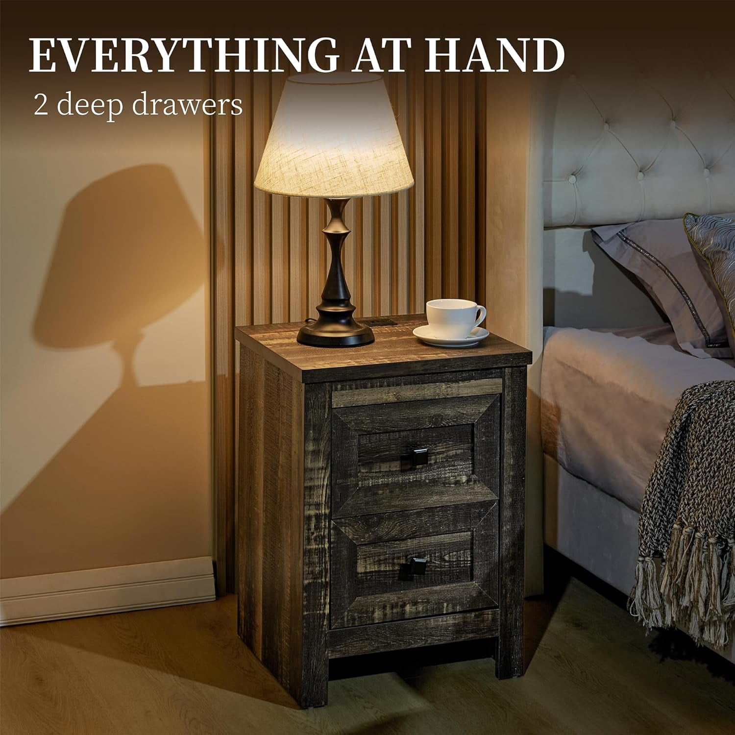 Merluxy Nightstand Set of 2 with Charging Station, Farmhouse Wood Bedside Table with Dark Oak