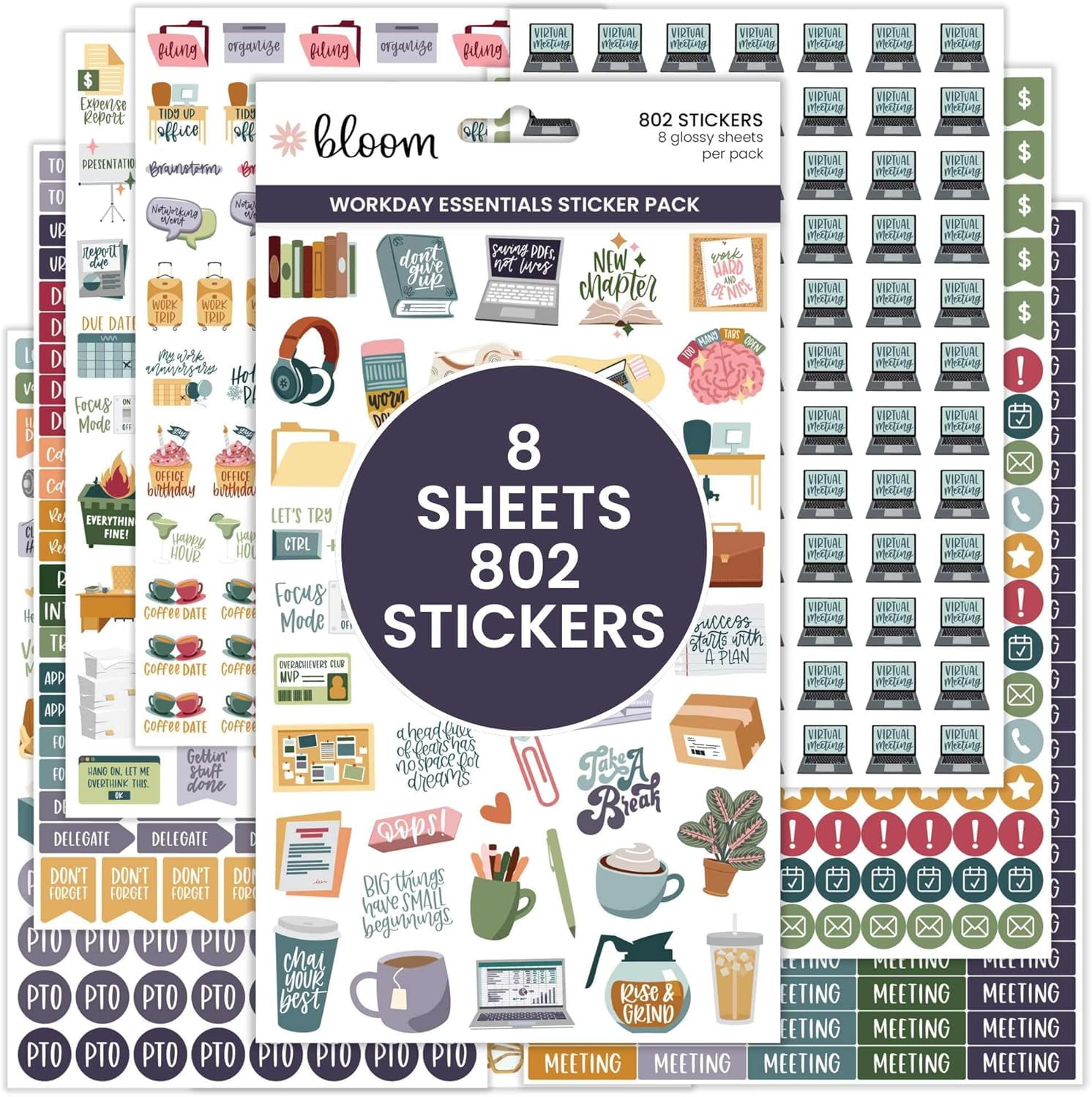 Workday Essentials Planner Stickers - Productivity Variety Pack for Business Professionals - 8 Sheets / 802 Stickers - Meetings, Deadlines, Payday Icons for Work & Office