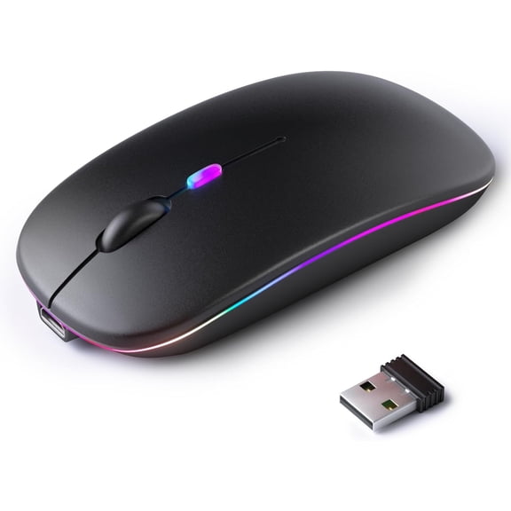 Wireless Bluetooth Mouse – Rechargeable, Silent, Dual Mode (Bluetooth 5.2 & USB) with LED Lights – Portable for Laptop, Desktop, & Tablet(Black)