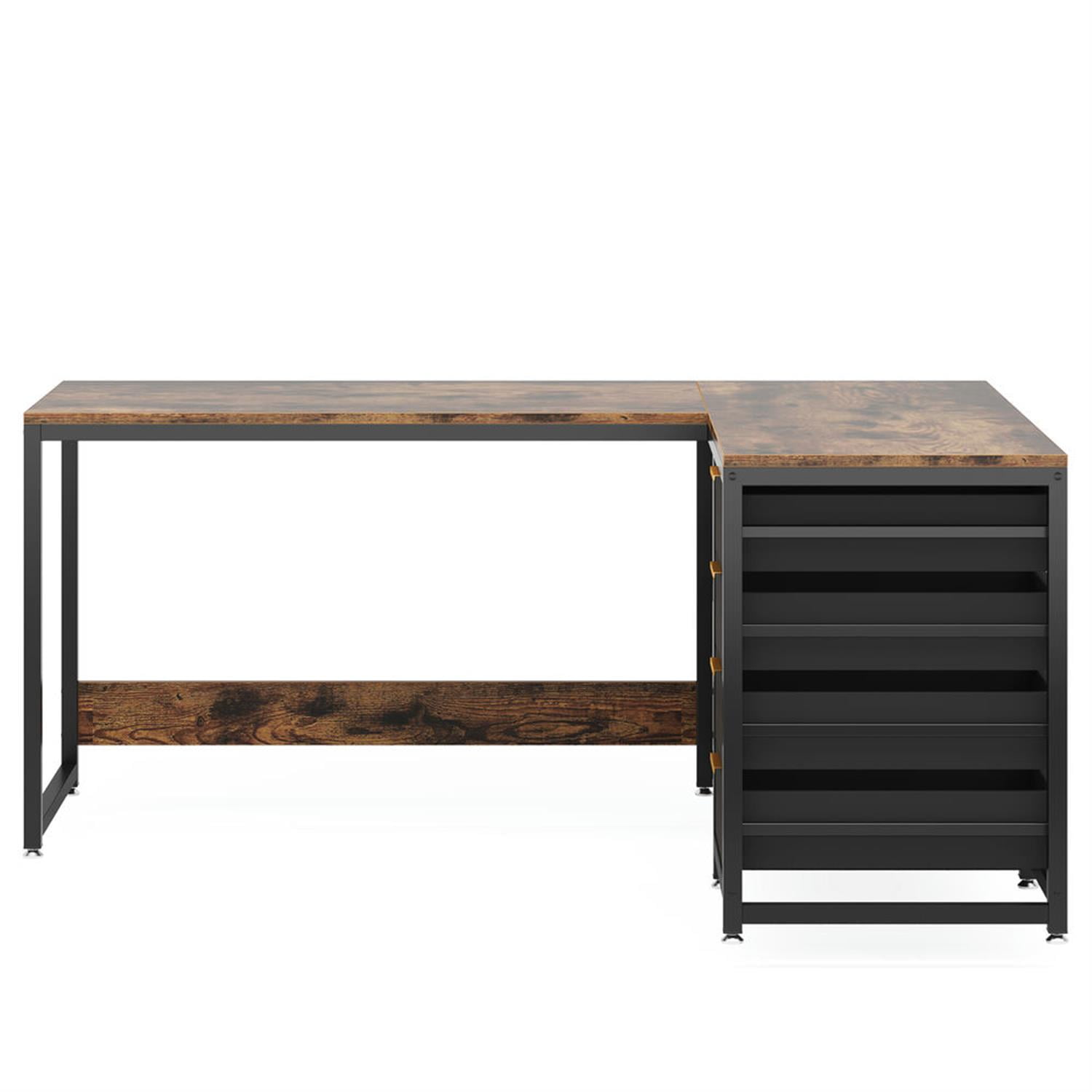 Demi Bonn Modern L Shaped Gaming Desk, 59" Reversible Corner Executive Desk with Drawers and Shelves for Home Office, Brown