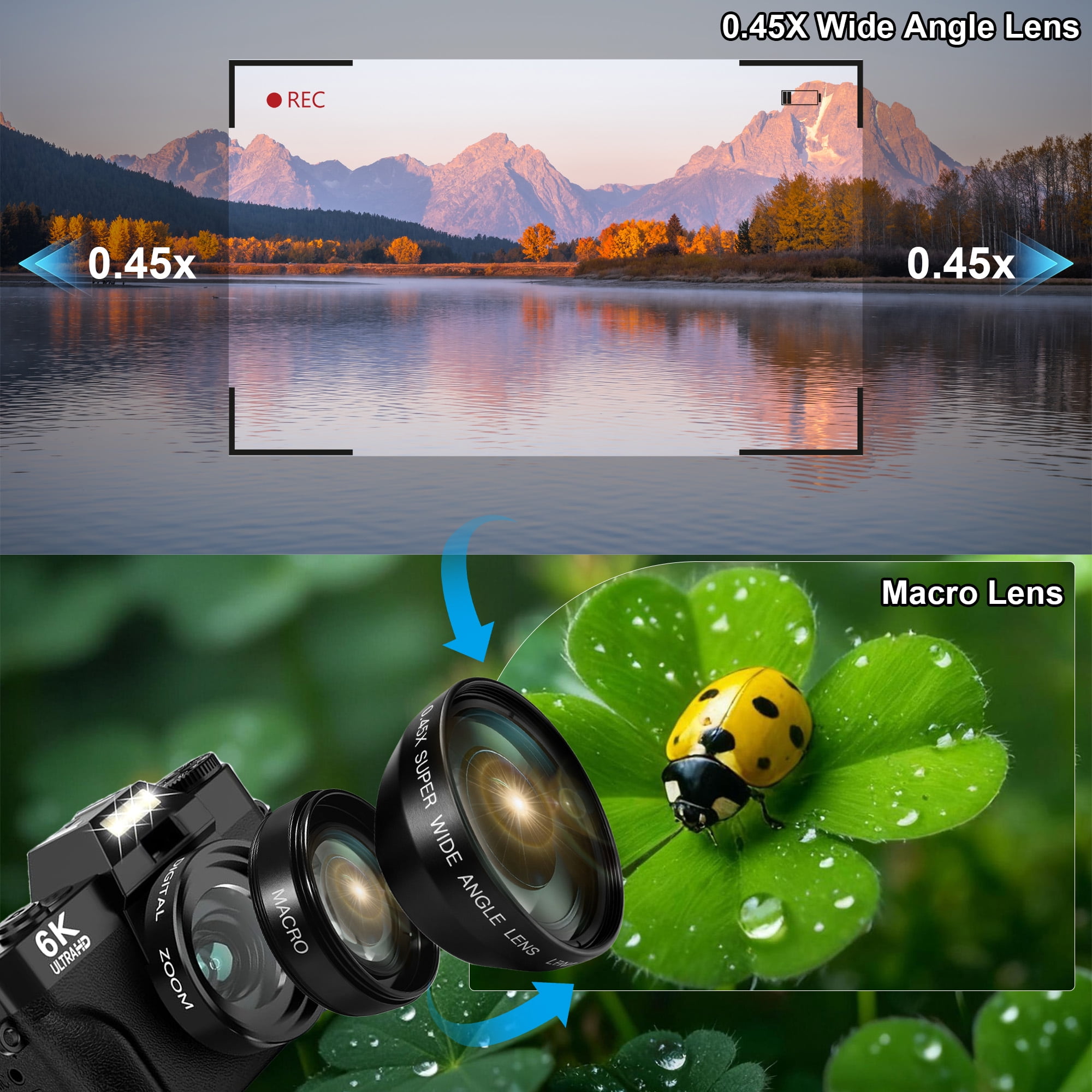 Ourlife 6K Digital Camera 64MP 16X Zoom WiFi, Wide-Angle & Macro Lens Autofocus WiFi Vlogging Camera for Youtube Tiktok Content Creator 64GB Card Black