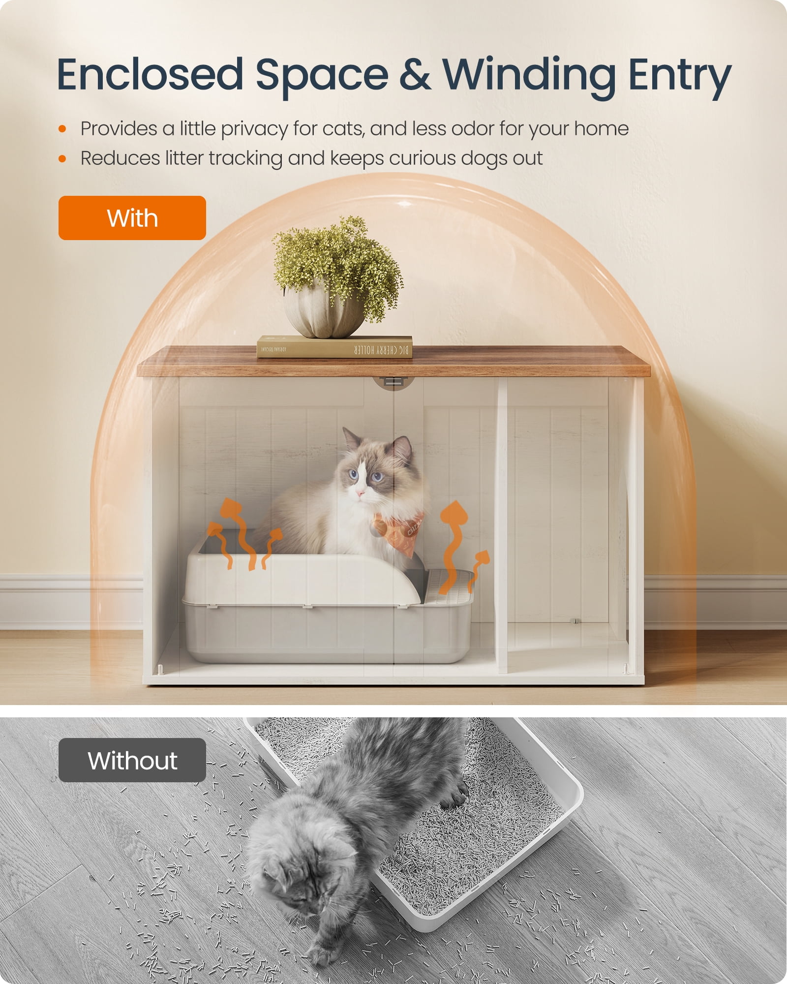 SONGMICS HOME Litter Box Enclosure, Superfast Toolless Assembly, Cat Washroom Furniture, Push-to-Open Doors, Cat House, Rustic White and Honey Brown