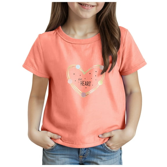 Staki Shirts for Tween Girls Girl's Graphic Print Tee Shirt Round Neck Short Sleeve T Shirts Summer Cute Trendy Tops 1-9Y(Orange,6-7 Years)