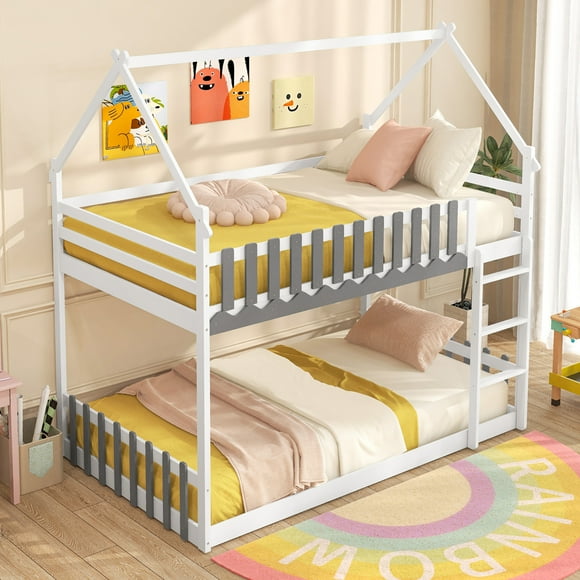 Gymax Twin Over Twin Bunk Bed w/ Fence & Ladder Solid Wood Floor Bunk Bed for Kids White