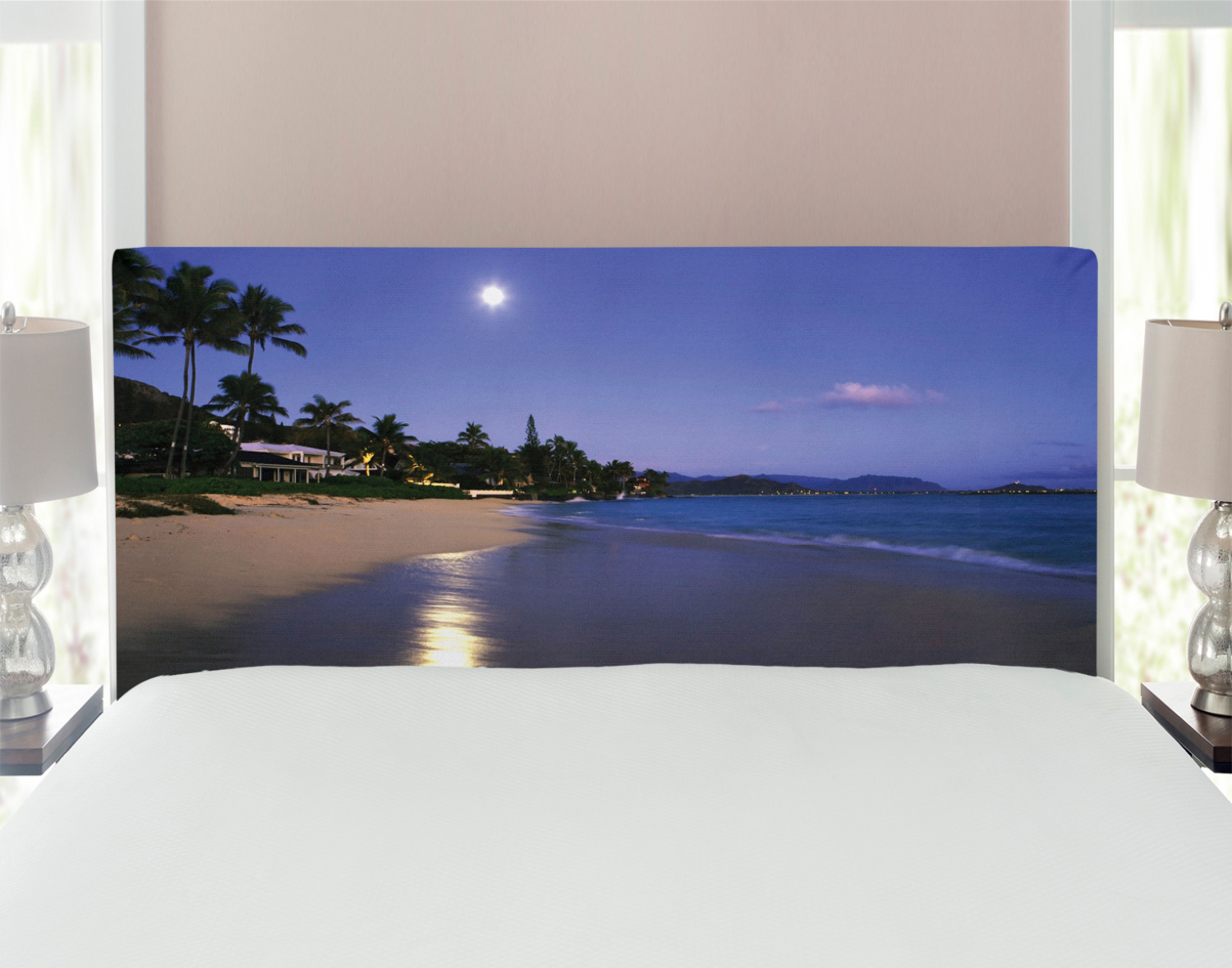 Hawaiian Headboard, Houses Clear Sky Full Moon Reflection at Daybreak