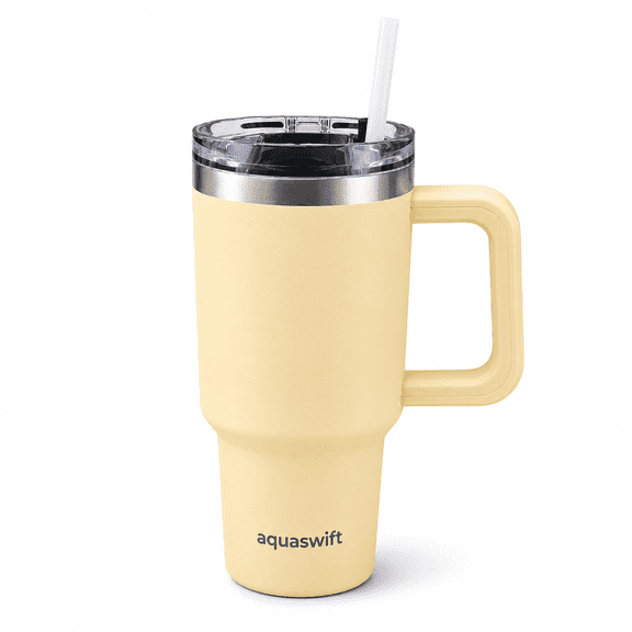 aquaswift flow 32oz Insulated Tumbler with Handle & Straw Lid – Stainless Steel, Leak-Proof, Vacuum-Sealed, Travel Mug – Ideal for Iced Coffee, Cold/Hot Drinks, Yellow