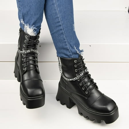 

Akiihool Work Boots for Women Womens Pointed Toe Stacked Mid Heel High Top Ankle Shaft Boot Bootie (Black 8)