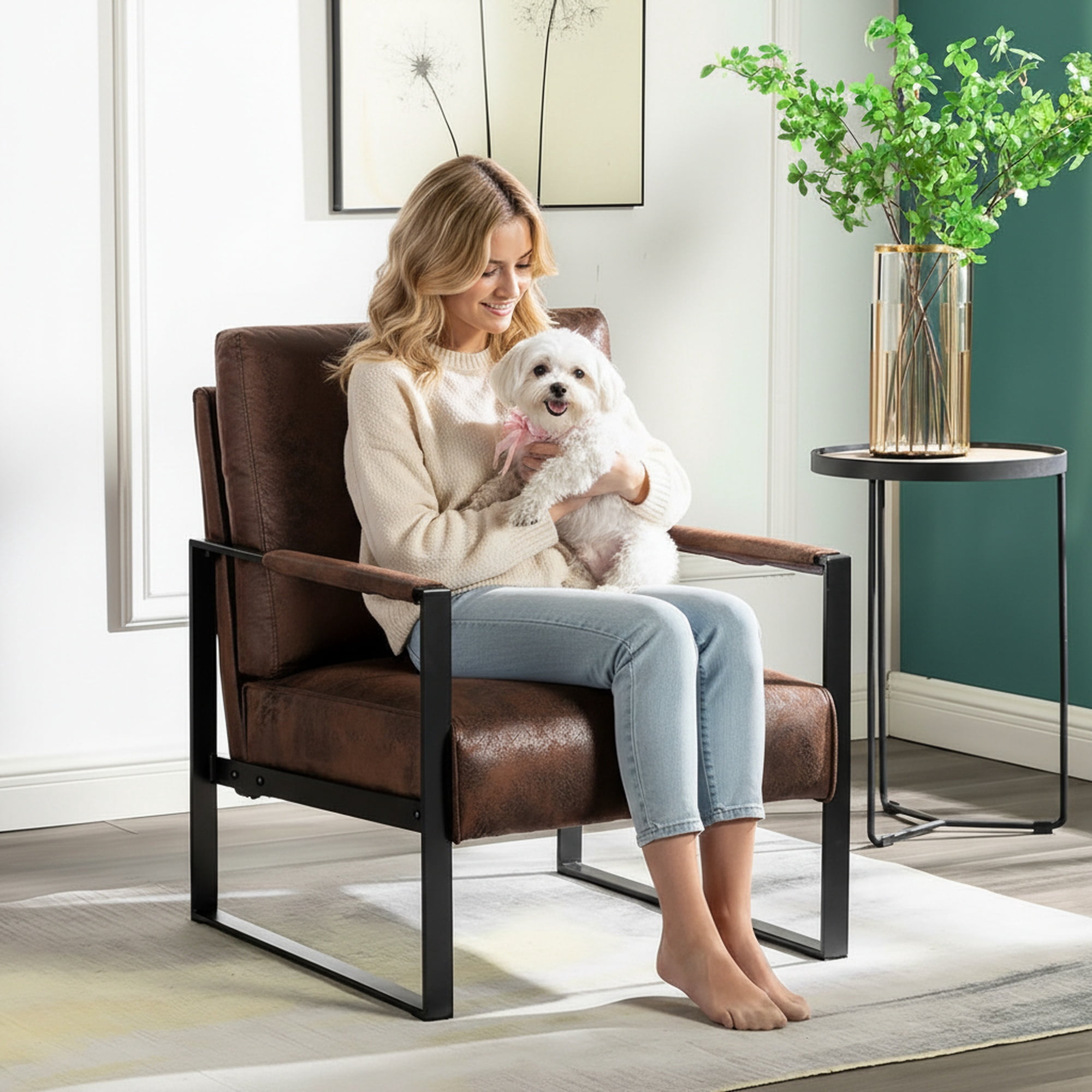 MOONMISS Mid-Century Modern Accent Chair,Black Square Metal Frame with Thick Cushion,Brown