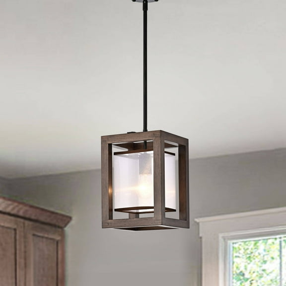 The Lighting Store Alina 1 Light Antique Black Metal Natural Wood Fabric Shade Pendant Chandelier