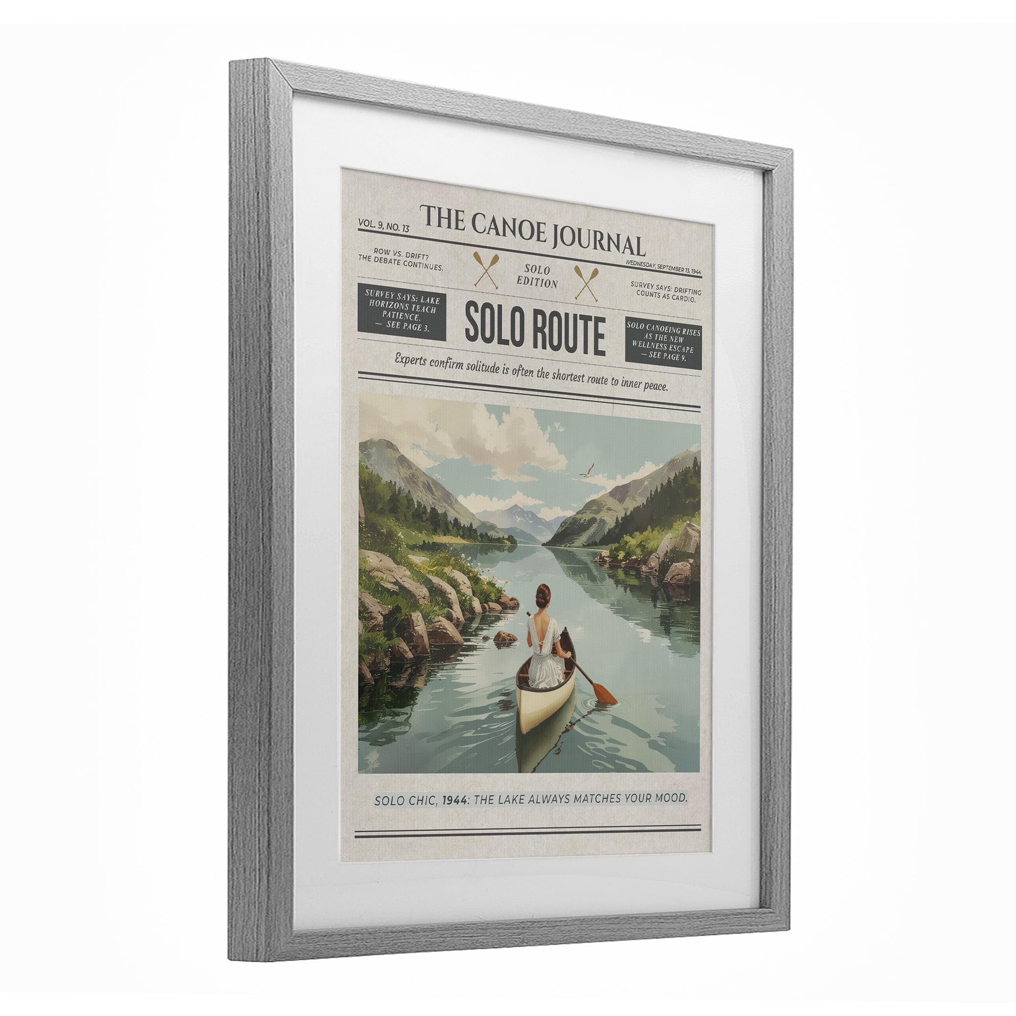 Stupell Industries Canoe Journal Newspaper Gray Framed Print Under Glass, design by A Barefoot Stylist