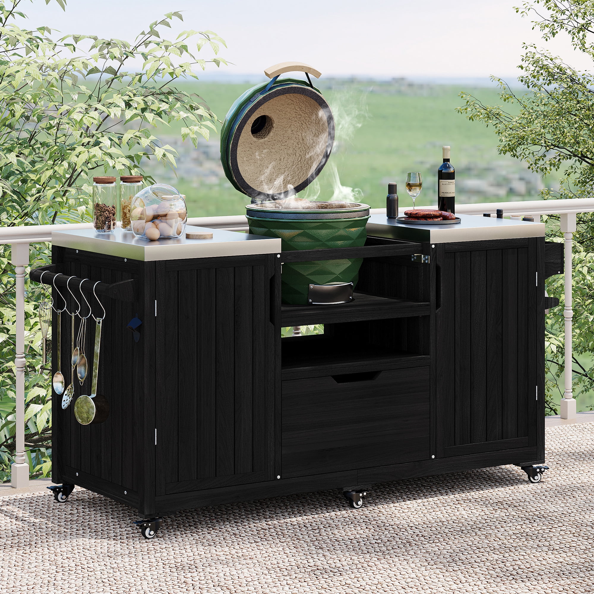 Euroco 66.5" Outdoor Grill Table with Stainless Steel Top,Solid Fir Wood BBQ Prep Station with Wheels, Drawers & Storage Cabinets
