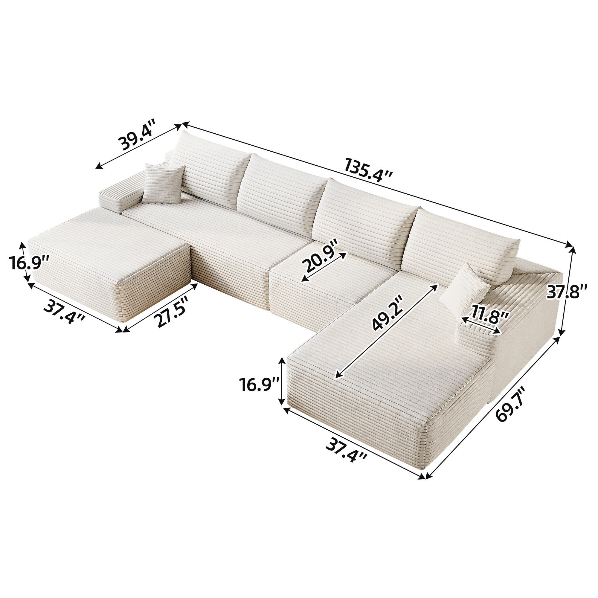 MAYEERTY 135" Cloud Sectional Sofa with 1 Ottoman, Modern Minimalist U-Shaped Deep Seat Couch, No Assembly Plush Corduroy Fabric, White (4 packages)