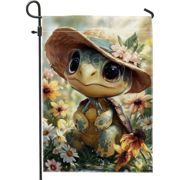 Turtle Garden Flag Green Summer Floral Double-Sided Burlap Outdoor Decoration for Lawn and Home 12 x 18 Inch