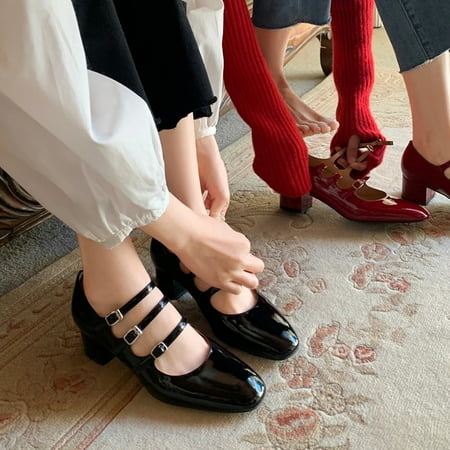 Sheepskin Version ~ Bright Patent Leather Retro High Heel Mary Jane Womens Shoes Three-breasted Leather Bag Shoes Womens Thick Heel Gentle Shoes