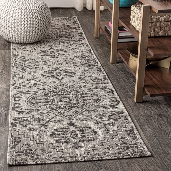 JONATHAN Y SANTA MONICA 2 x 10 Runner Rug, Estrella Bohemian Medallion Textured Weave - Black/Gray, SMB105D-210