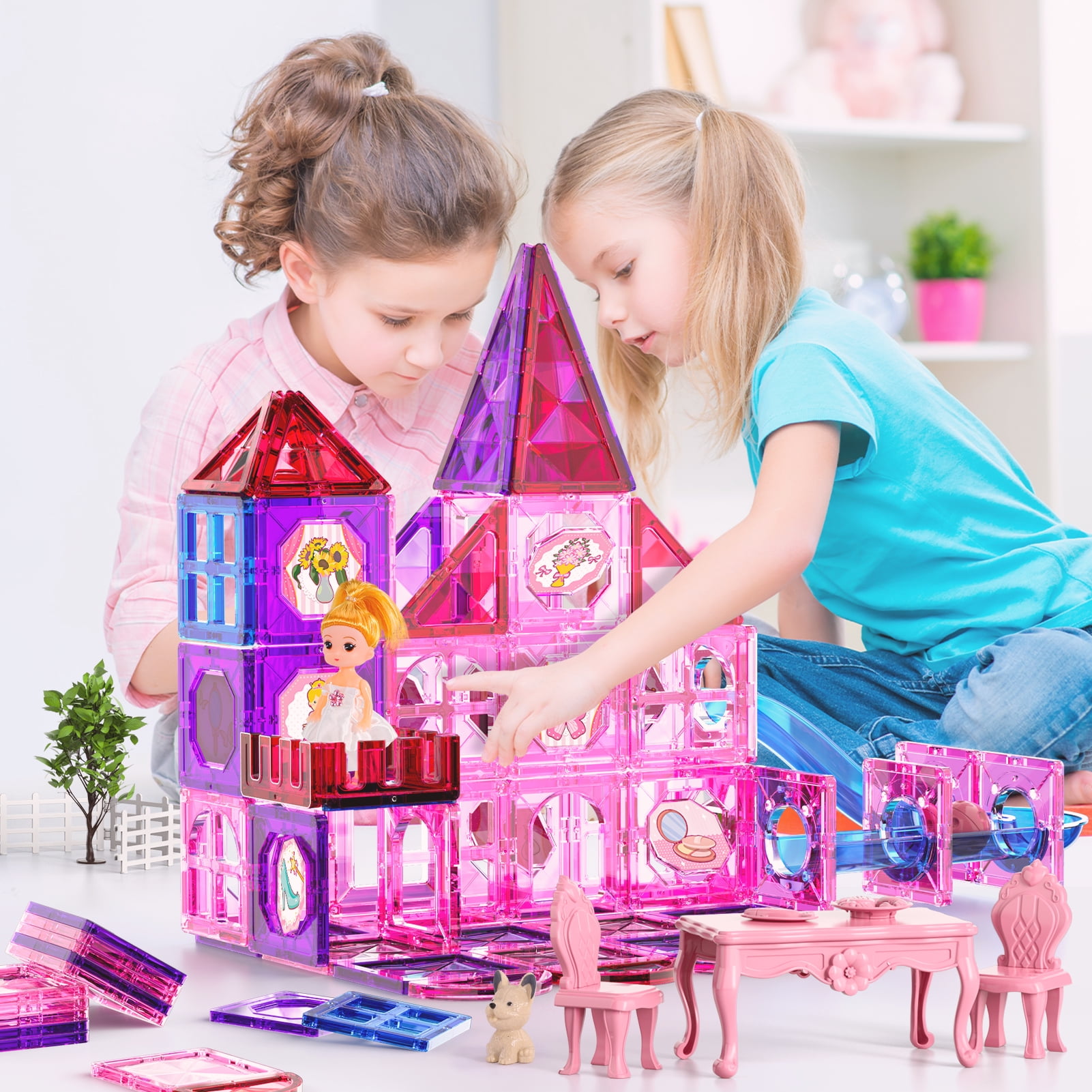 Lucky Doug 66 PCS Magnetic Tiles for Kids Girls, Construction STEM Building Blocks Educational Toy, Building Toys for Girls Ages 3+