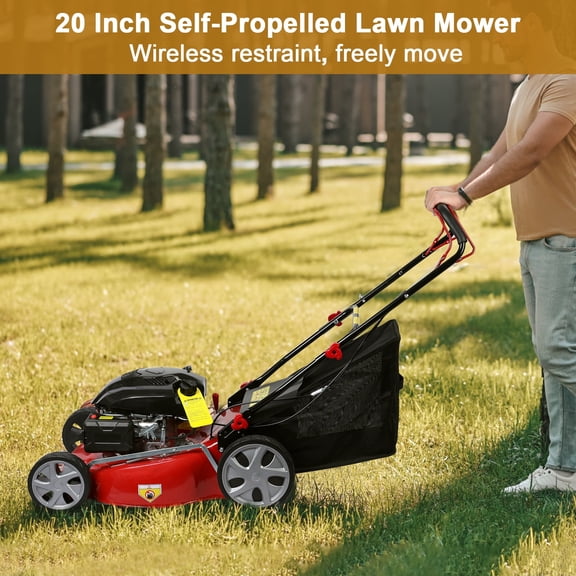 Happydeer Hand Push Weed Eater, 141cc Gasoline Power, Cordless Hedge Trimmer, Push Lawn Mower with 50L Grass Tank, 4-stroke Height Adjustable Self-Propelled Weed Wacker