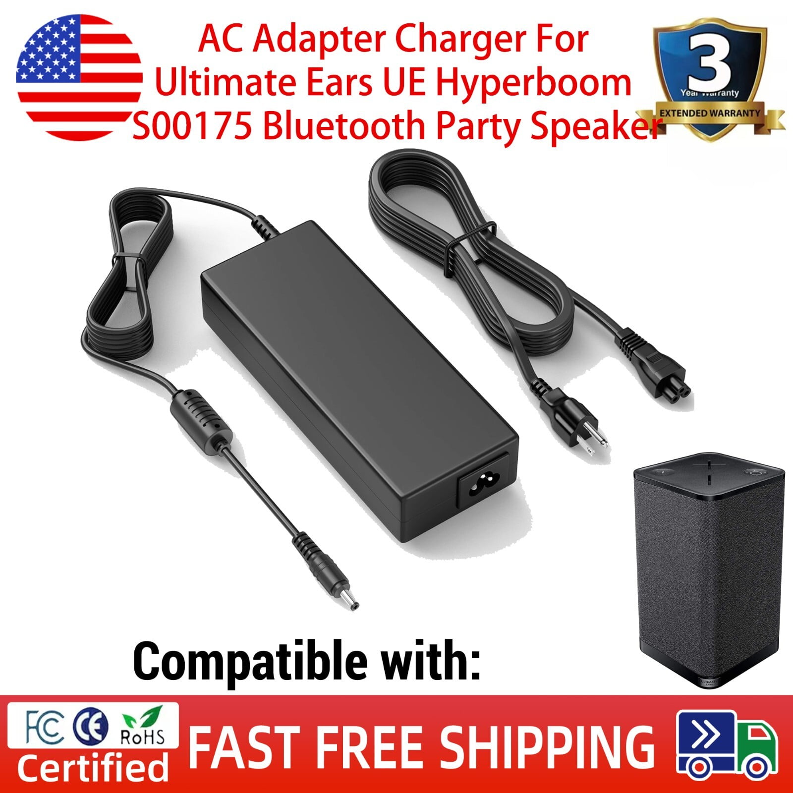 Replacement AC Charger For Ultimate Ears Hyperboom Bluetooth Speaker - Power Adapter