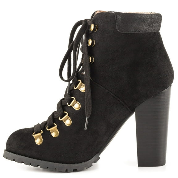 Luichiny Anna may IMI Suede Lug Sole Lace Up Combat Stacked heel Ankle Booties (Black, 6)