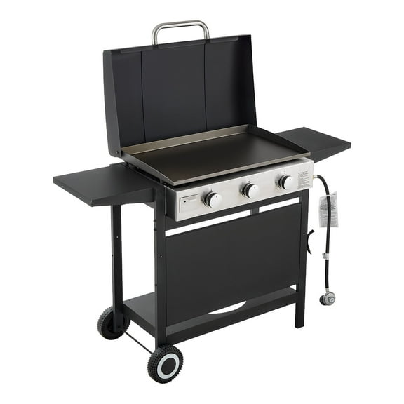 KFFKFF 3-Burner Propane Gas Griddle with Wheels, Flat Top Grill for Outdoor Cooking, 3 x 11000 BTU Heat Output, Features Lid, Pulse Ignition, and Removable Top for Pan-Frying, Grilling, Stir-Frying