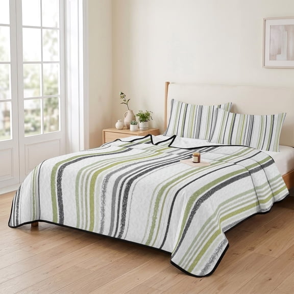 Sage Green Stripe Grey Lines 3 Pieces Quilt Set,1 Quilt with 2 Shams,Modern Minimalist Style Bedspread Soft Lightweight Bedding Coverlet Comforter Set for All Season 90"x96"