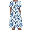 thumbnail image 2 of HOMBOM Summer Dresses for Women Mid-Length Blue Crew Neck Short Sleeve A-Line Pocket Casual Ethnic Floral 2024 Vacation Dress M, 2 of 5