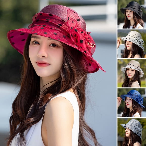 Wide Brim Round Dome Foldable Sun Hat Dot Print Flower Decor Organza Hat Fashion Accessories