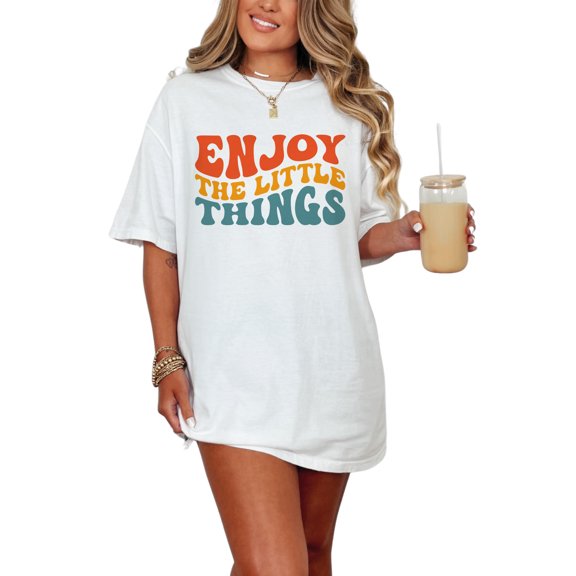 Enjoy the Little Things Quote, Groovy Retro Wavy Text, White Comfort Colors T-Shirt, Small