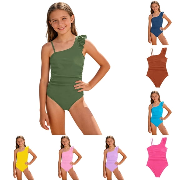 Shachafan Girlsâ Beachwear Piece Swimsuit For Girls With Ruffle And Solid Pattern Summer / Beach For Girls Lightweight Sun Protective Swimwear Guards Toddlers