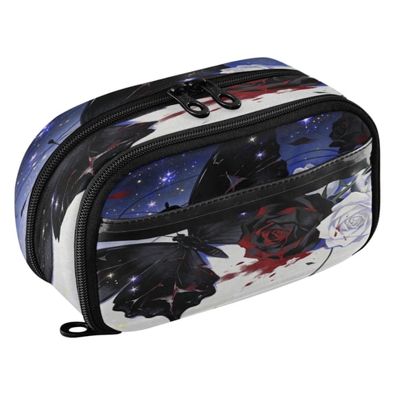 Large Pencil Pen Case Capacity PVC Pencil Pouch Makeup Bag for Women Man, Black Rose & ButterflyPrinted