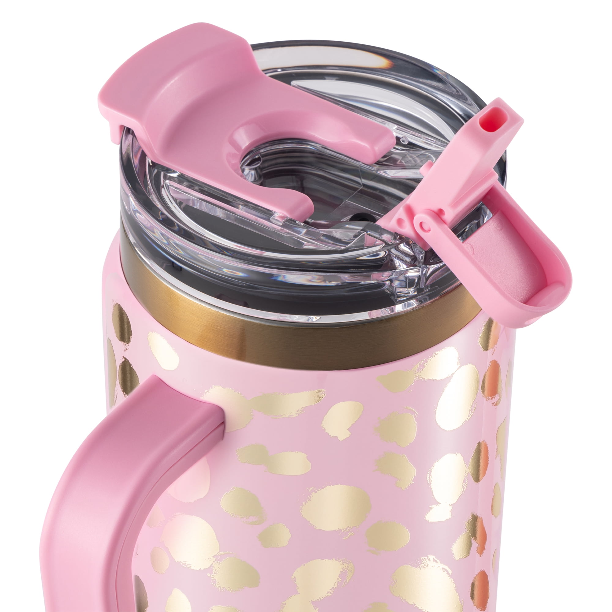 Thyme & Table 32oz Tumbler with Handle, Dual Straw Lid, Stainless Steel Double Wall Insulated, Pink & Gold Dot