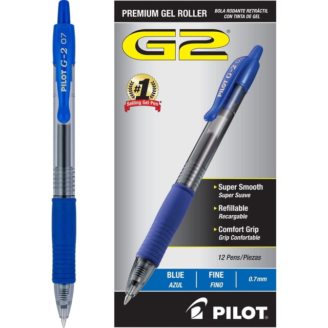 Pilot G2, Bolígrafo Retráctil, Tinta Gel Azul, Usa Repuesto, Doce Piezas (31021)