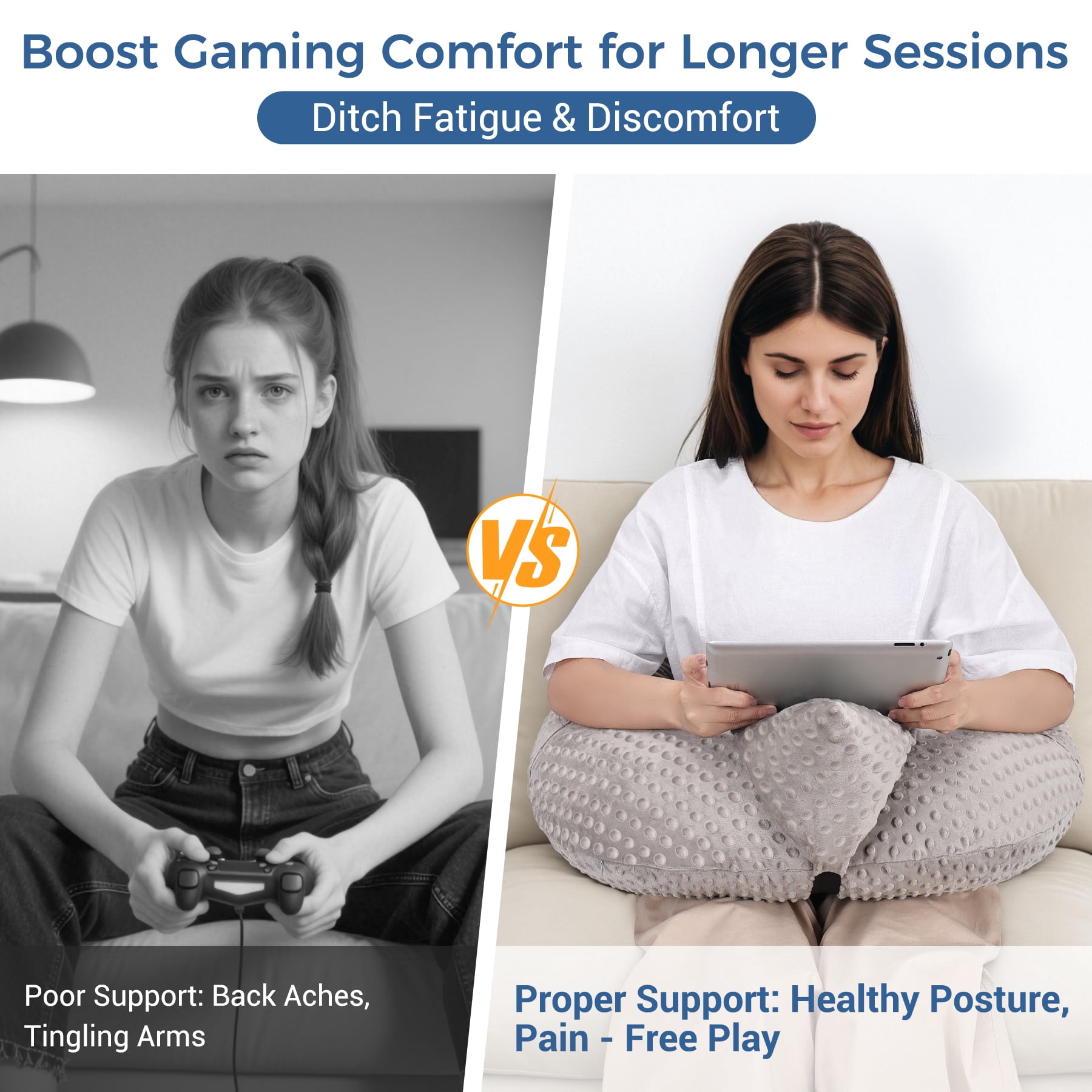 Reading Pillow for Gaming, Lap Desk Pillow for Sitting in Bed or Sofa, Compact Arm Support Pillow for Reading, Playing or Crocheting,  Grey