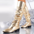 thumbnail image 3 of Knee High Boots for Women Pointed Toe Block Heel Pull On Shoes Fall Slouch Ruched Casual Walking Fashion Comfortable Booties Gold 7, 3 of 8