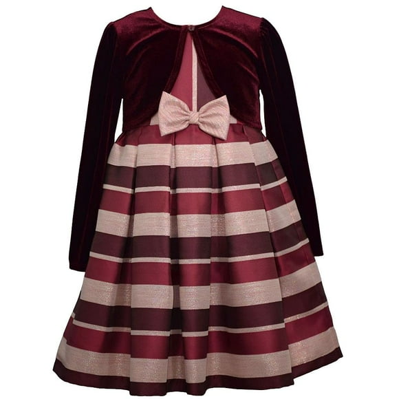 Bonnie Jean Girl's Holiday Christmas Dress with Cardigan - Burgundy Stripe Dress for Baby Toddler Little and Big Girls, Burgundy, 12 Months