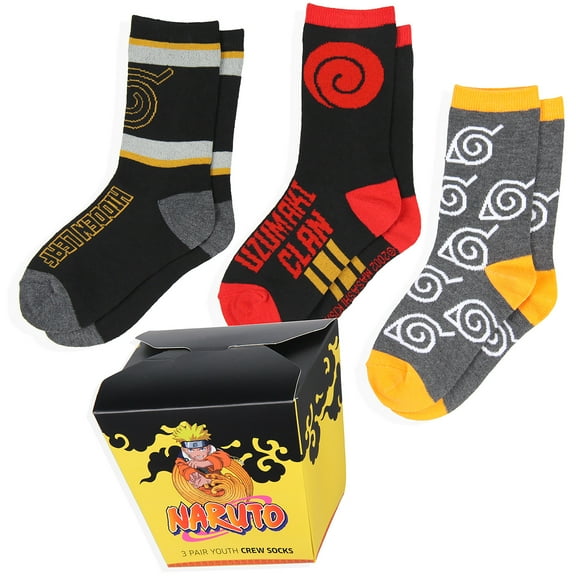 Naruto Shippuden Kids Ramen Take Out Gift Box 3-Pair Youth Crew Socks Mix And Match Set