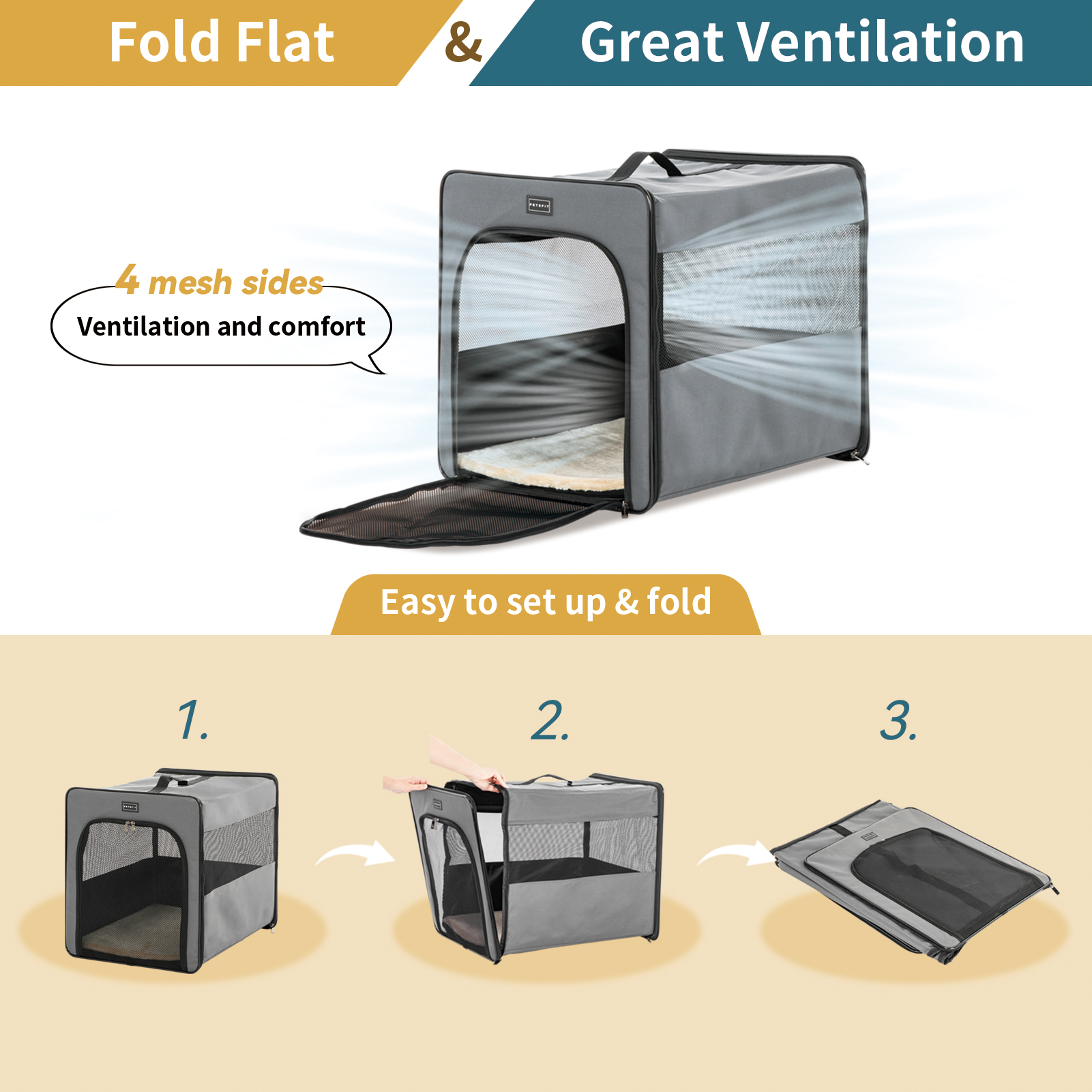 PETSFIT Soft Sided Dog Crate, Chewproof Design Breathable & Collapsible Dog Kennel, Indoor and Outdoor Use with Thicken Mat Grey