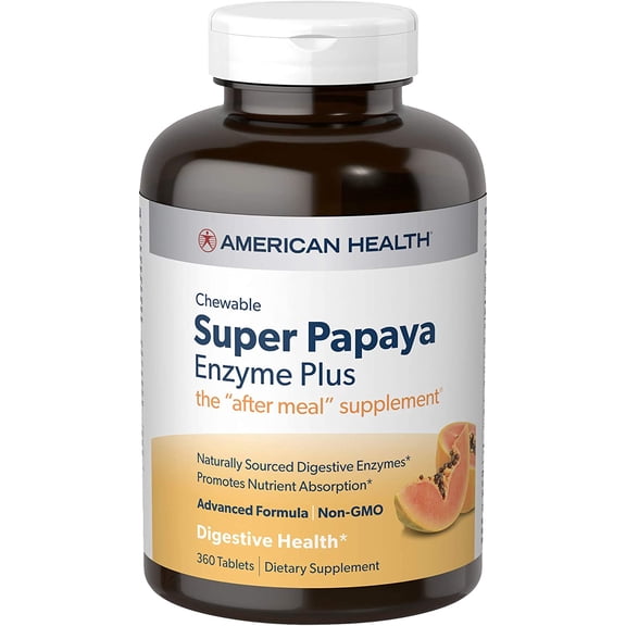 American Health Super Papaya Enzyme Plus Chewable Tablets, Natural Papaya Flavor - Promotes Digestion & Nutrient Absorption, Contains Papain & Other Enzymes - 360 Count
