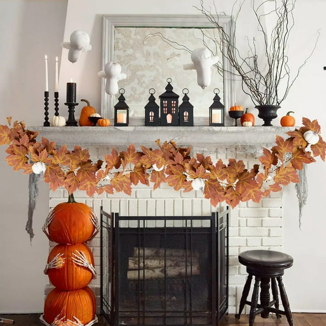 Guirnalda de hojas de arce artificiales de 170 cm, decoración de otoño, Acción de Gracias y Halloween, follaje de ratán sintético amarillo para decoración de fiestas de temporada en interiores y