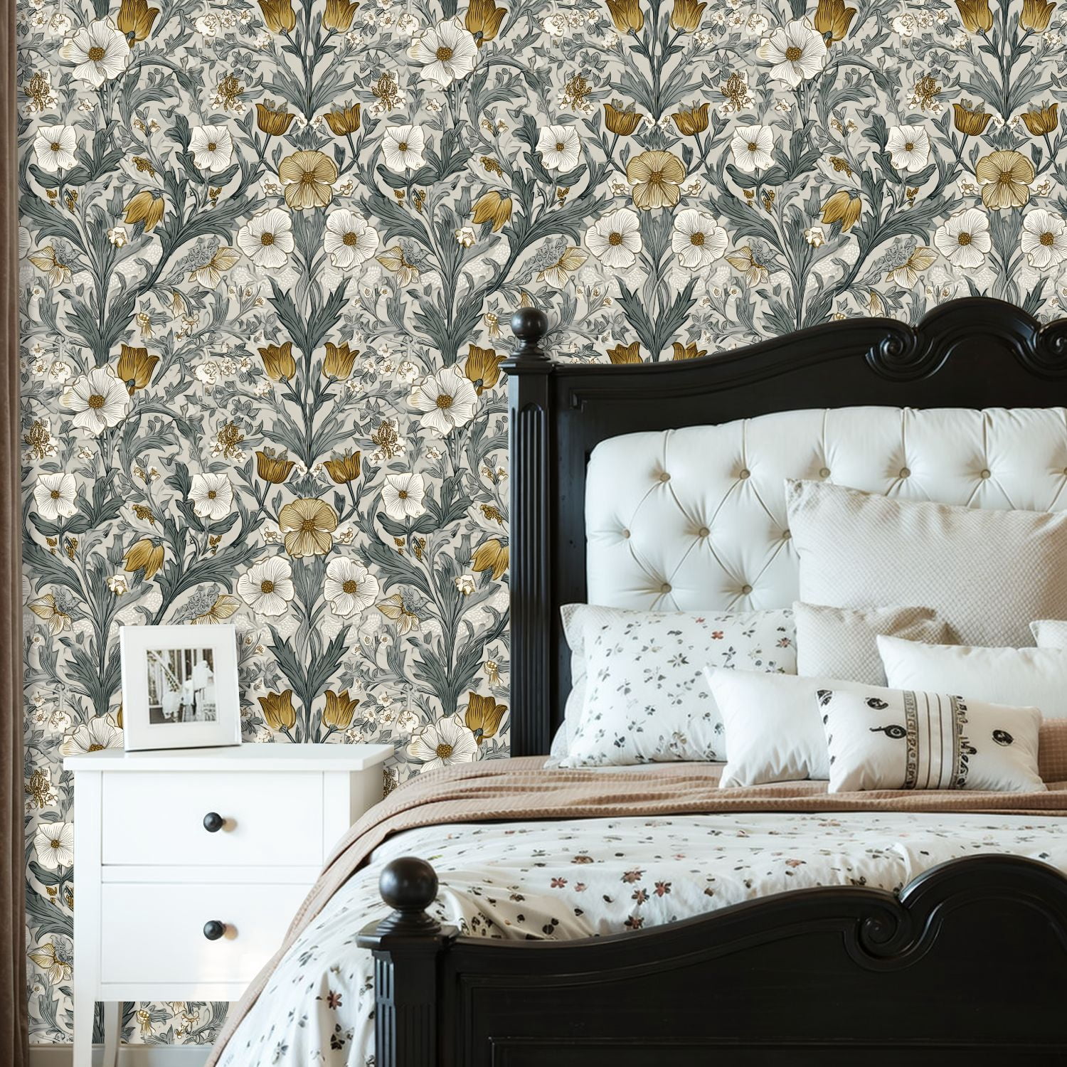 Peel and Stick Wallpaper Botanical Floral Gold White Blooms Soft Gray Wall Mural 23.6in x 9.8ft Self Adhesive Removable Wall Paper Renter Friendly Wallpaper for Girls Women Bedroom Livingroom