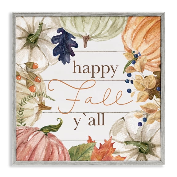 Stupell Industries Farmhouse Happy Fall Y'all Phrase Gray Framed Giclee Art, 12 x 12, by Carol Robinson