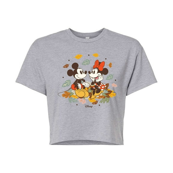 Disney - Mickey Minnie Leaf Pile - Juniors Cropped Cotton Blend T-Shirt