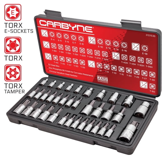 Carbyne 36-Piece Torx Bit Socket and E-Torx Socket Set, T8 to T60, Tt8 to Tt55, E4 to E18, S2 Steel, 1/4 in. 3/8 in. and 1/2 in. Drive