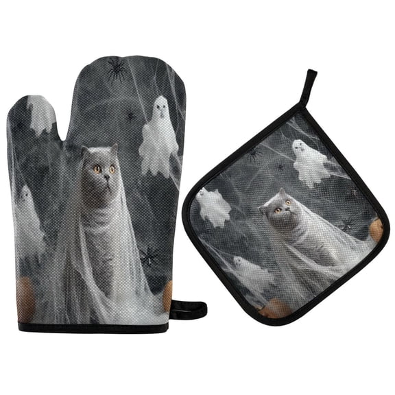 Heat-Resistant Reversible Oven Mitts and Pot Holders Set Double-Sided Insulated Gloves Kitchen Home Supplies Cat Dressed in White Gauze